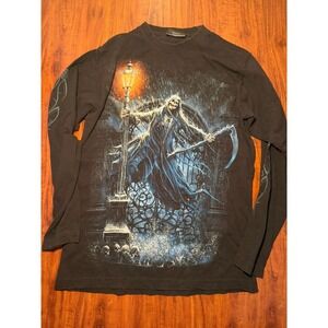 Spiral Shirt Mens M Black Skull Grim Reaper Graphic Long Sleeve Goth Horror